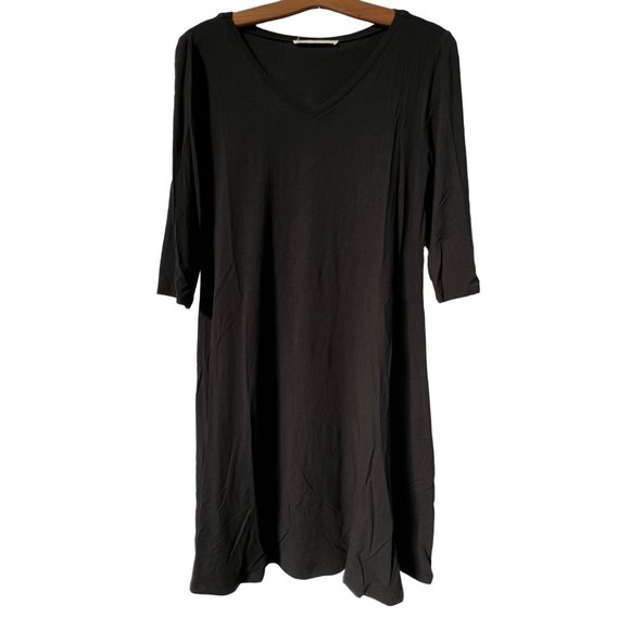 Peruvian Connection T-Shirt Dress Womens M Mini V-Neck 3/4 Sleeve Black Stretch - Picture 1 of 6